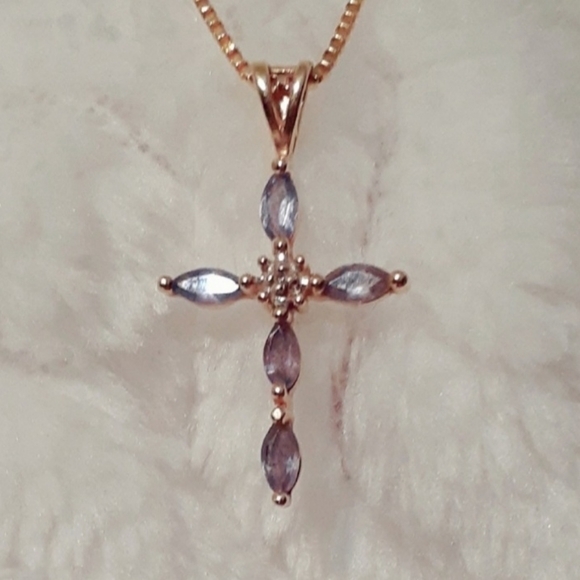 HSN Jewelry - Solid 14k Gold Tanzanite Diamond Cross Pendant